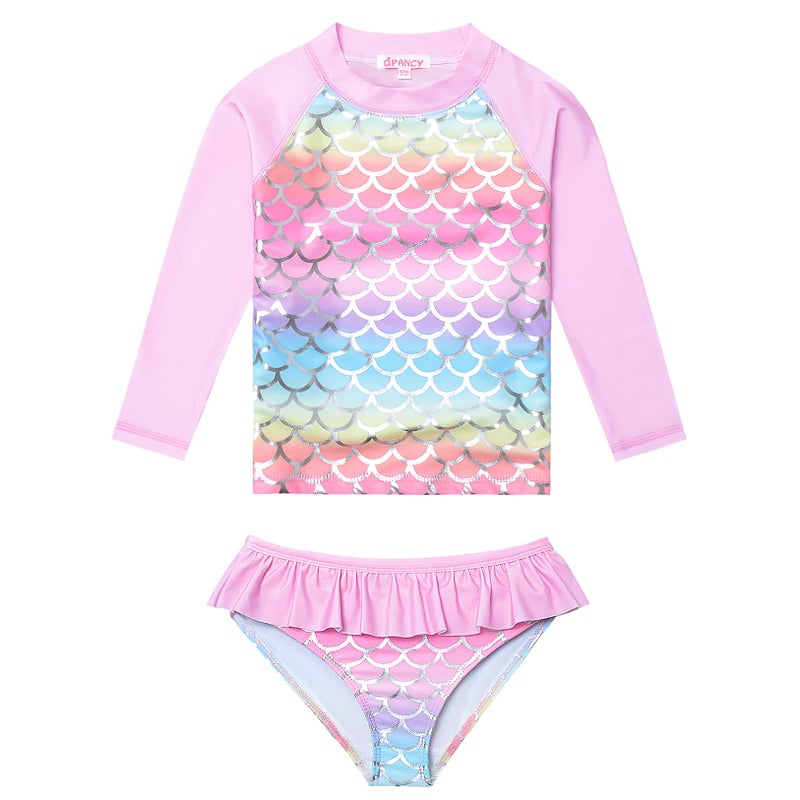 QPANCY Pink Mermaid Rash Guard for Girls Size 8 9 2-Piece Ruffle Swimwear Swimsuits - Image 1